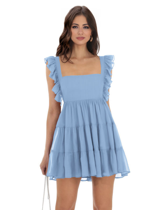 Light Blue Square Neck Ruffle Sleeveless Crepe Mini Dress
