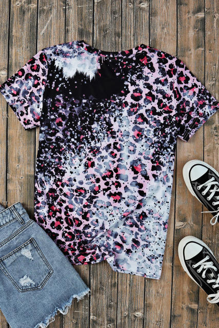 Pink Leopard Dyed Print Bleached Blank Tee