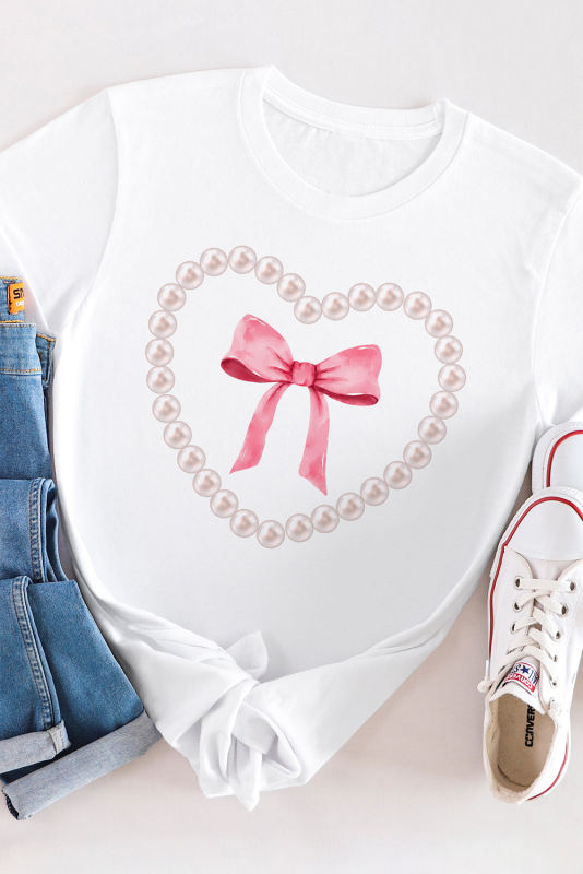 White Pearl Heart Bowknot Graphic T Shirt