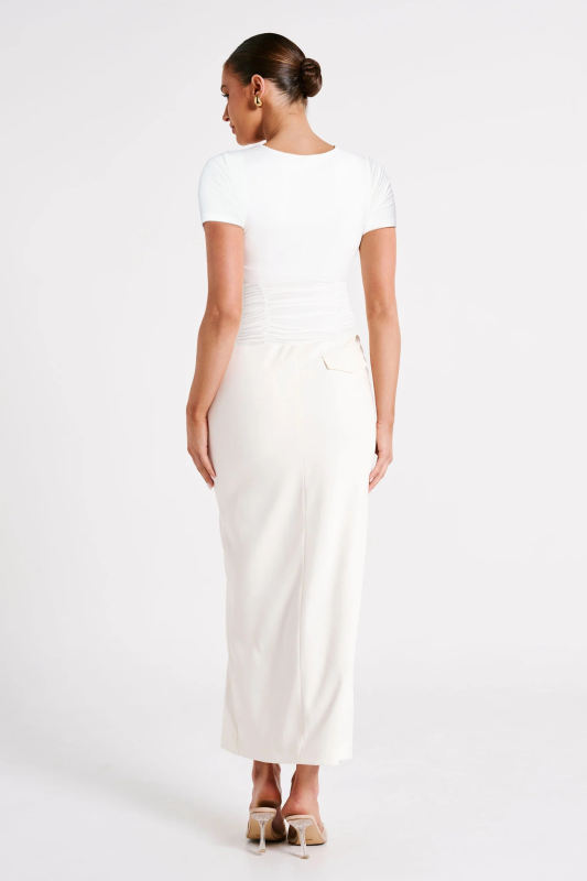 White Square Neck Short Sleeve Pleated Crop Top