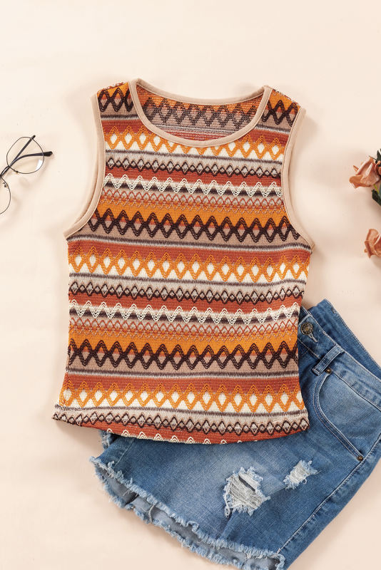 Orange Striped &amp; Geo Jacquard Knit Tank Top
