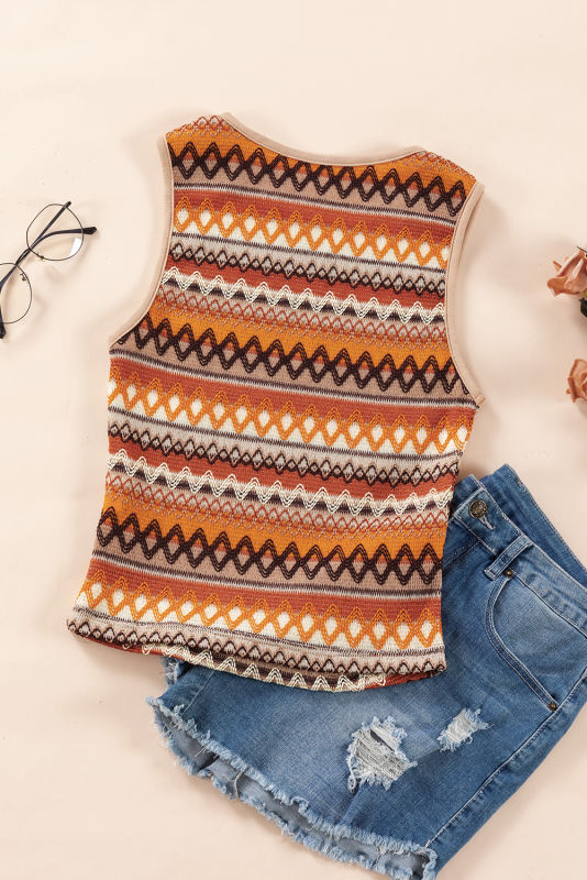 Orange Striped &amp; Geo Jacquard Knit Tank Top