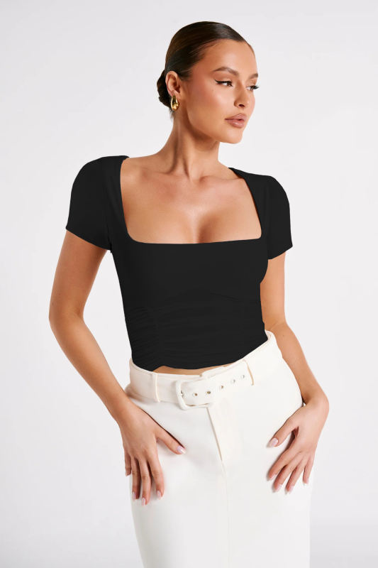 Black Square Neck Short Sleeve Pleated Crop Top