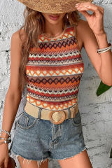 Orange Striped &amp; Geo Jacquard Knit Tank Top