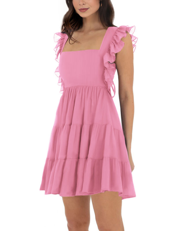Pink Square Neck Ruffle Sleeveless Crepe Mini Dress