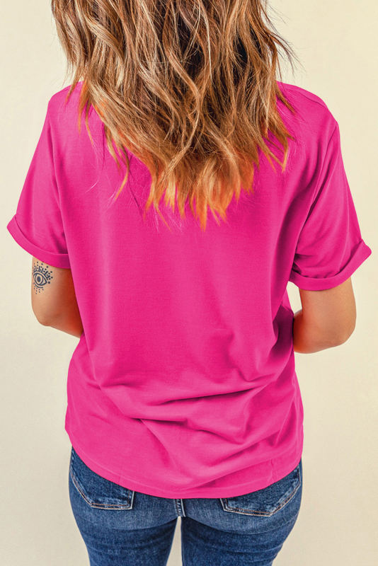 Rose Red Casual Bowknot Printed T Shirt