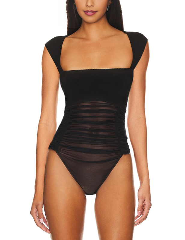 Black Square Neck Spliced Mesh Pleated Sleeveless Bodysuit