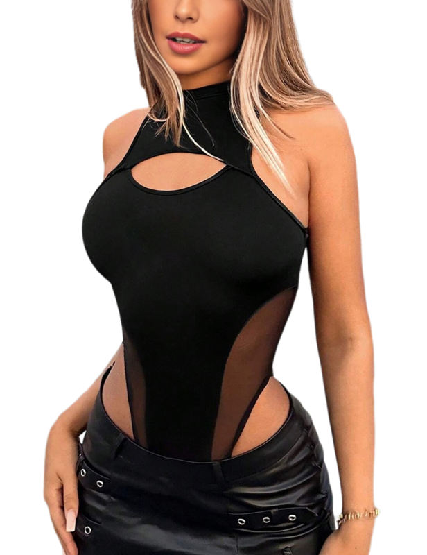 Black Mesh Patchwork Cut-out Sleeveless Bodysuit