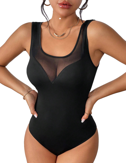 Black Mesh Patchwork Square Neck Sleeveless Bodysuit