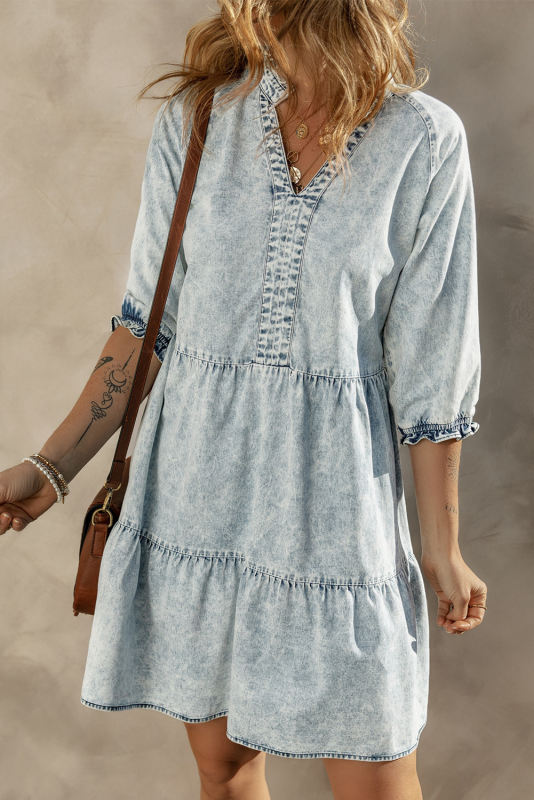 Dusk Blue Acid Wash Retro Half Sleeve Flared Denim Dress