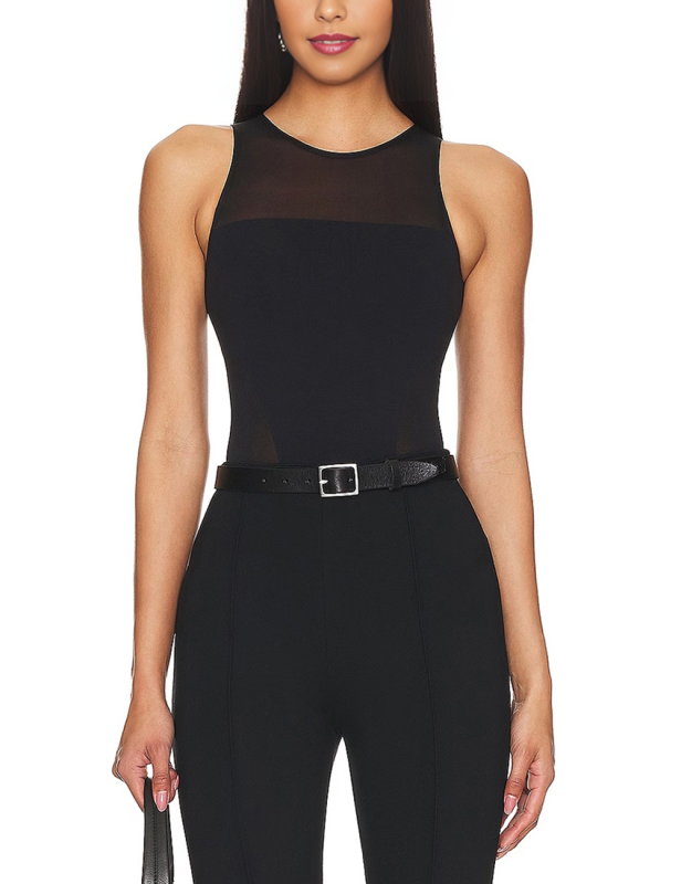 Black Round Neck Spliced Mesh Sleeveless Bodysuit