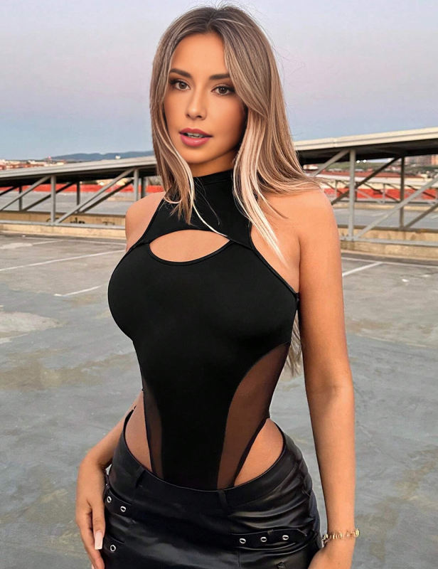 Black Mesh Patchwork Cut-out Sleeveless Bodysuit