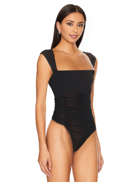 Black Square Neck Spliced Mesh Pleated Sleeveless Bodysuit