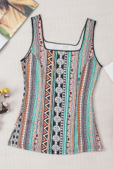 Green Western Geo Printed Square Neck Tank Top