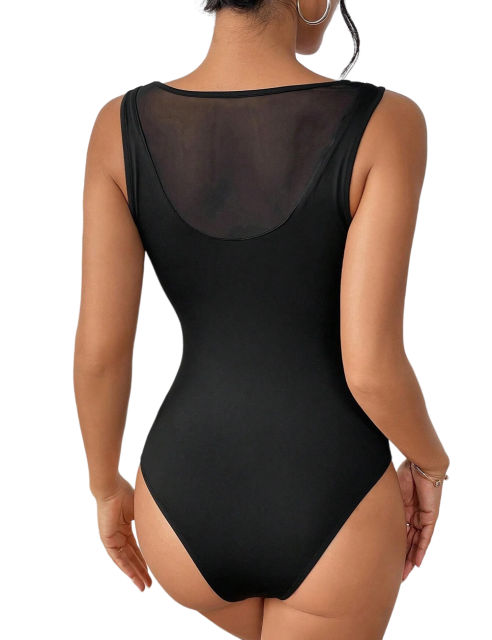 Black Mesh Patchwork Square Neck Sleeveless Bodysuit