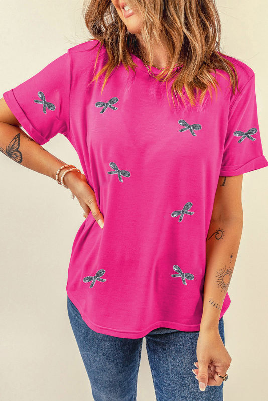 Rose Red Casual Bowknot Printed T Shirt