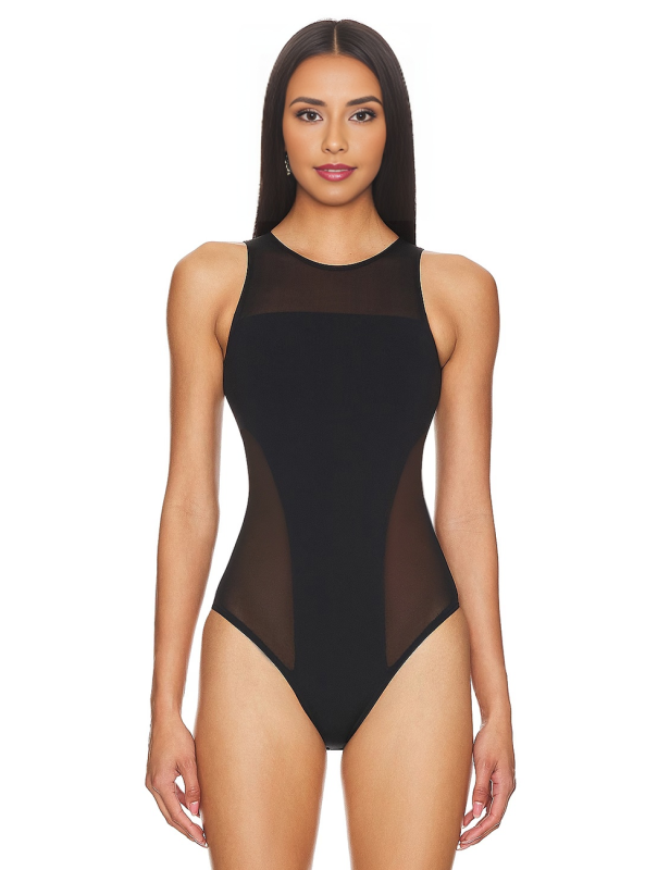 Black Round Neck Spliced Mesh Sleeveless Bodysuit