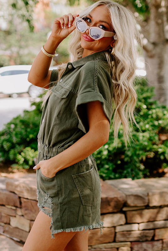 Moss Green Distressed Frayed Denim Romper