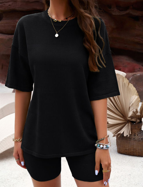 Black Short Sleeve Top and Shorts Lounge Set