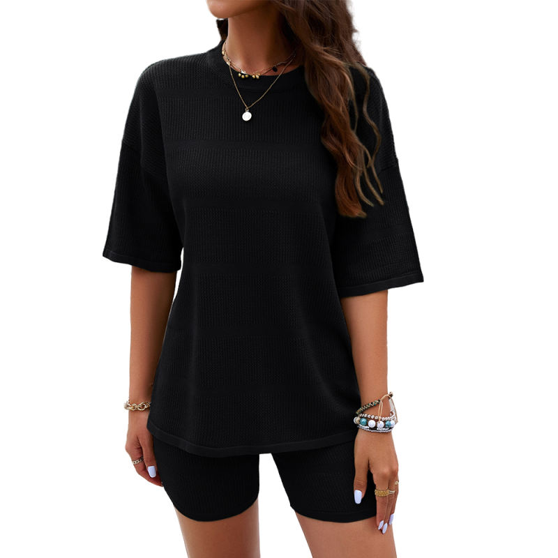 Black Short Sleeve Top and Shorts Lounge Set