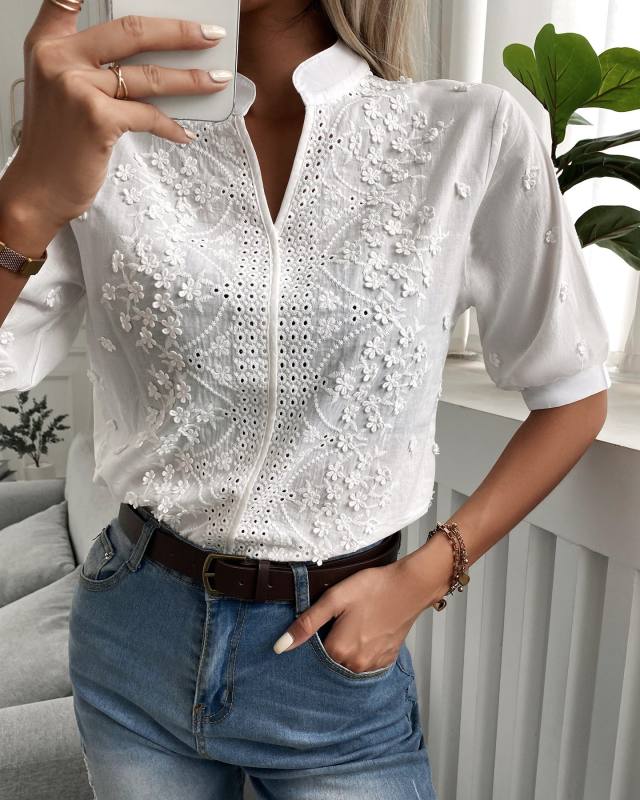 White V Neckline Short Sleeve Embroidery Lace Shirt