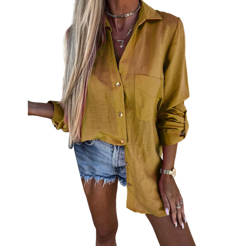 Yellow Lapel Button V Neck Shirt with Pocket