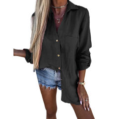 Black Lapel Button V Neck Shirt with Pocket