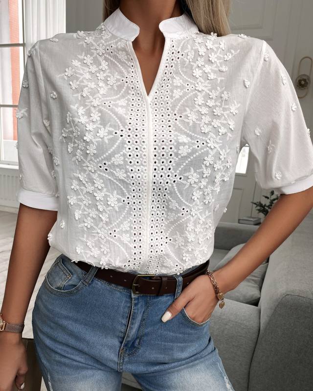 White V Neckline Short Sleeve Embroidery Lace Shirt