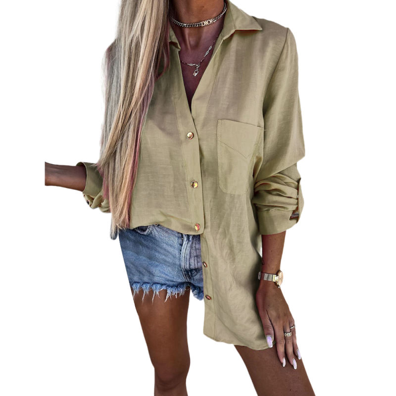 Khaki Lapel Button V Neck Shirt with Pocket