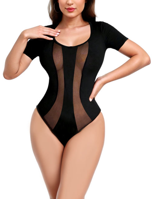Black Curve Mesh Patchwork Short Sleeve Bodysuit