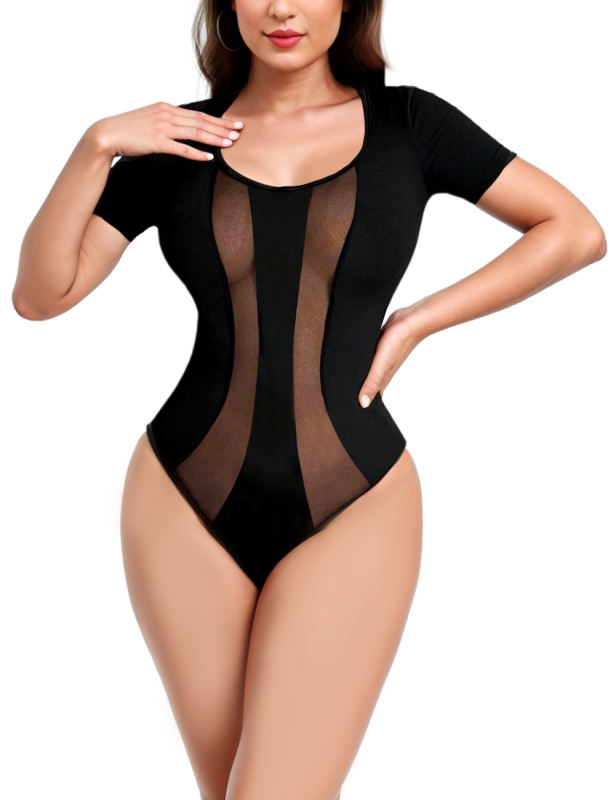 Black Curve Mesh Patchwork Short Sleeve Bodysuit