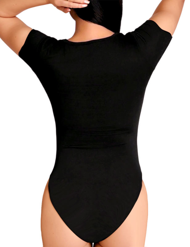 Black Curve Mesh Patchwork Short Sleeve Bodysuit