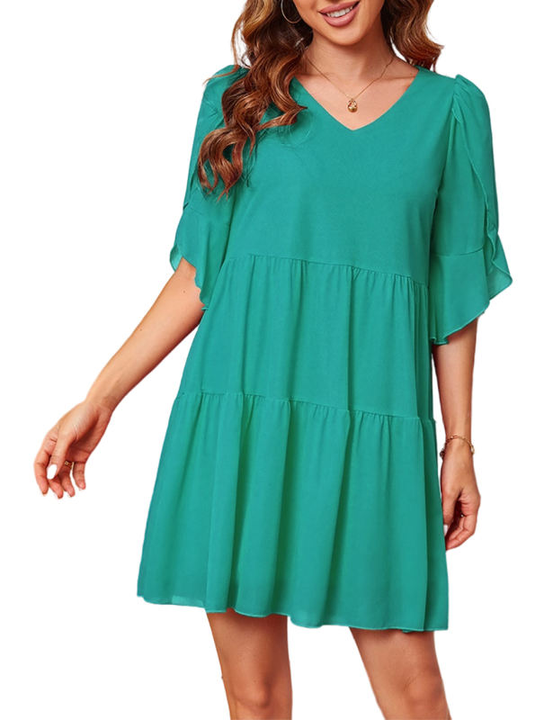 Green 1/2 Bishop Sleeve V Neck Tiered Dress