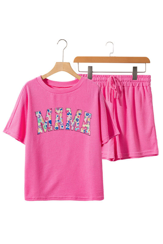 Rose Red MAMA Embroidered Leopard Letters Waffle Short Set