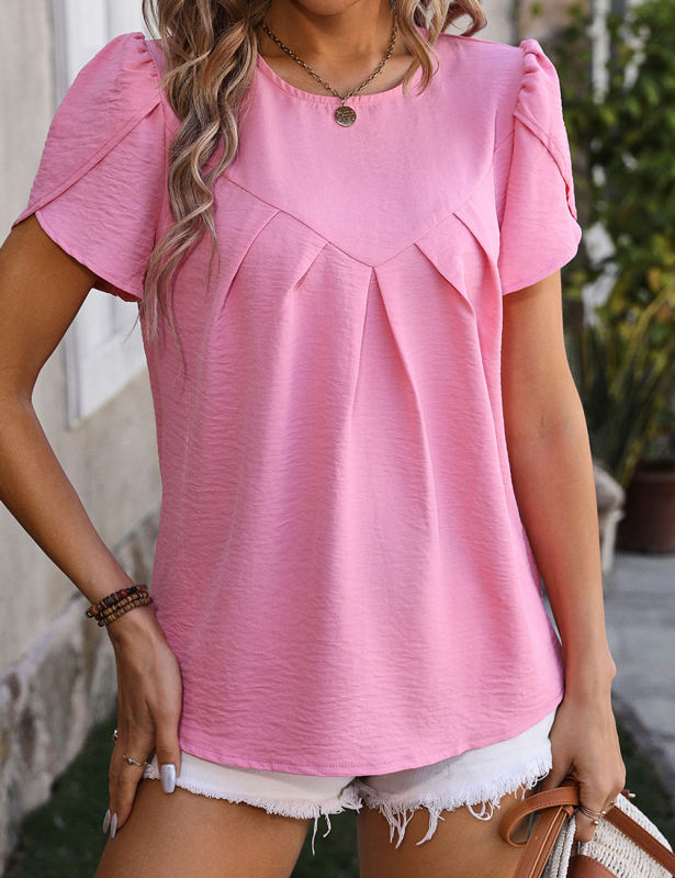 Pink Solid Color Pleated Detail Short Sleeve Tops