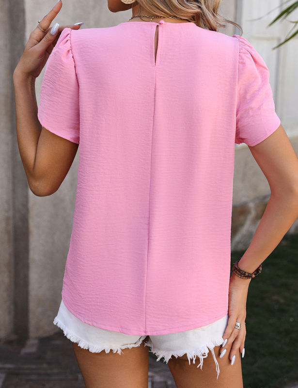 Pink Solid Color Pleated Detail Short Sleeve Tops