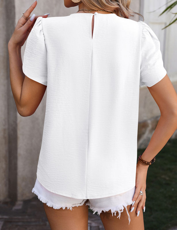 White Solid Color Pleated Detail Short Sleeve Tops