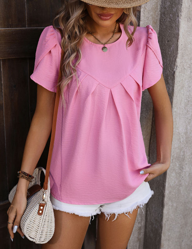 Pink Solid Color Pleated Detail Short Sleeve Tops