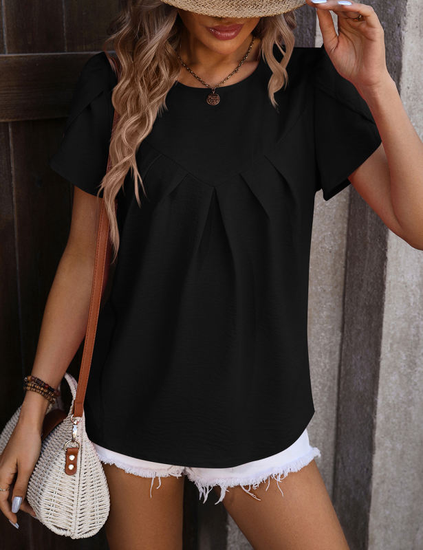 Black Solid Color Pleated Detail Short Sleeve Tops