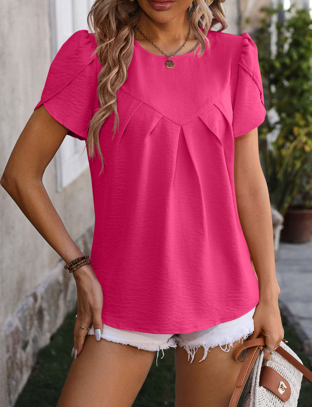 Rosy Solid Color Pleated Detail Short Sleeve Tops