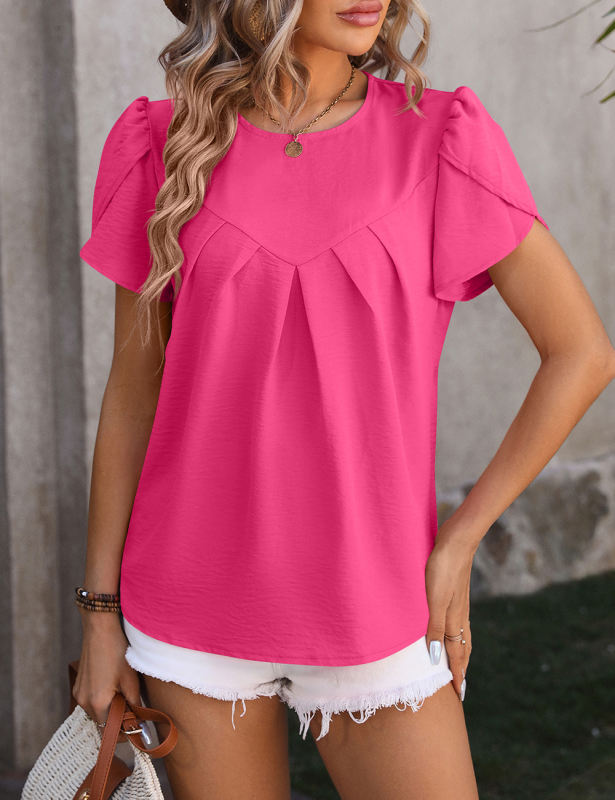 Rosy Solid Color Pleated Detail Short Sleeve Tops