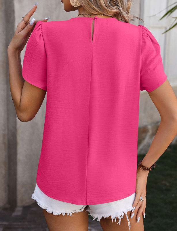 Rosy Solid Color Pleated Detail Short Sleeve Tops