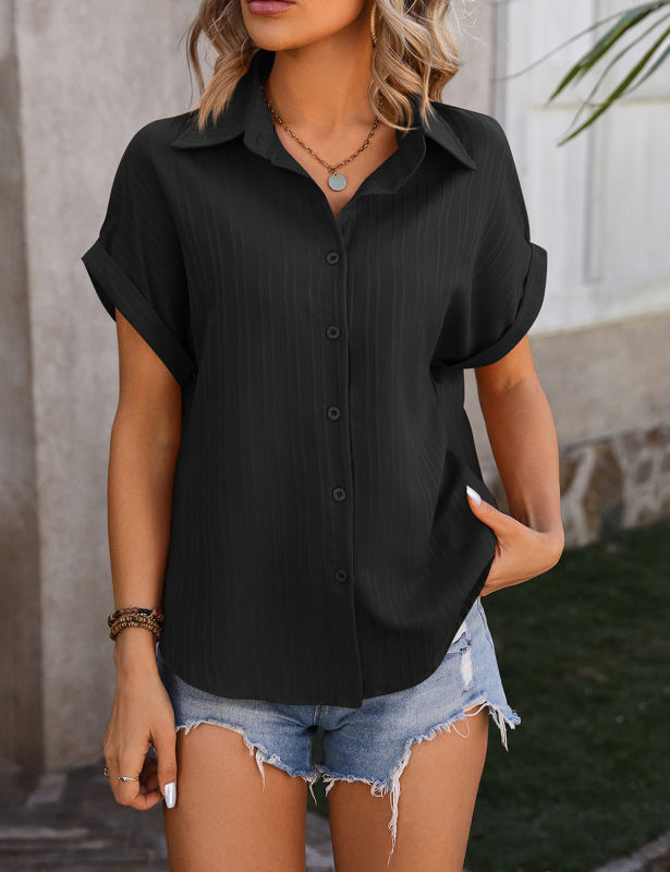 Black Textured Stripe Drop Shoulder Short Sleeve Shirt