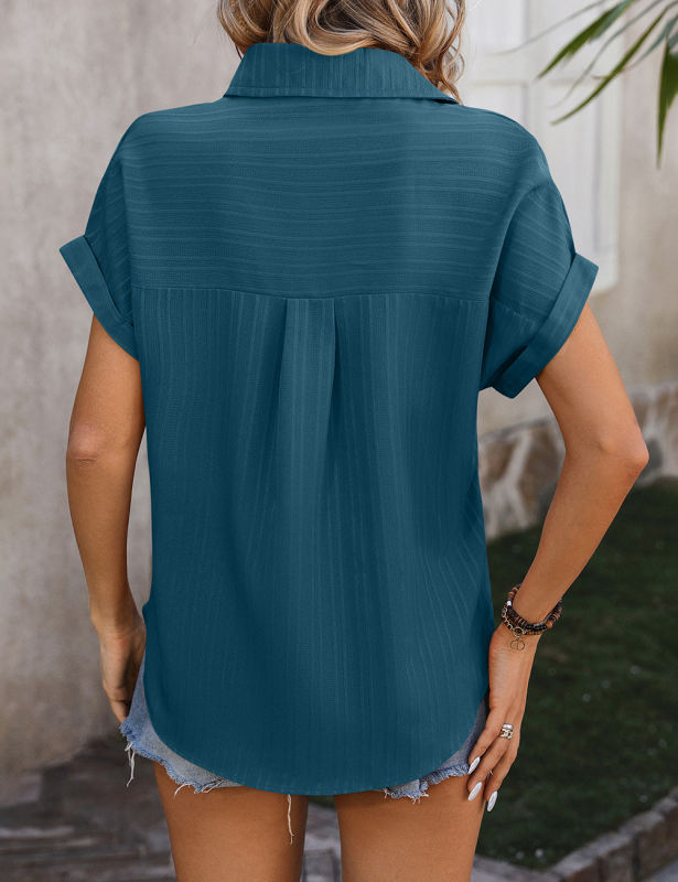 Peacock Blue Textured Stripe Drop Shoulder Short Sleeve Shirt