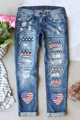 Sky Blue Heart-shape American Flag Patch Frayed Jeans