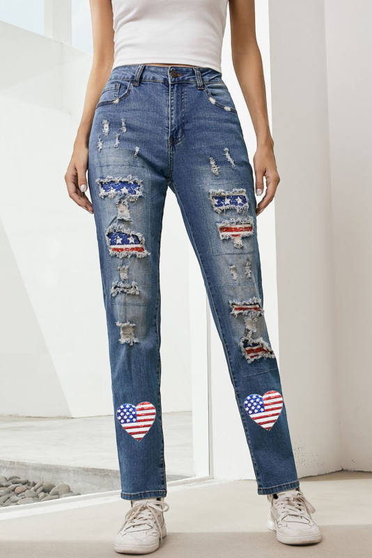 Sky Blue Heart-shape American Flag Patch Frayed Jeans