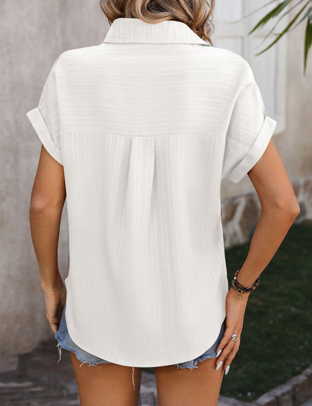 White Textured Stripe Drop Shoulder Short Sleeve Shirt