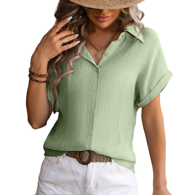Green Lapel Neck Short Sleeve Button Shirt