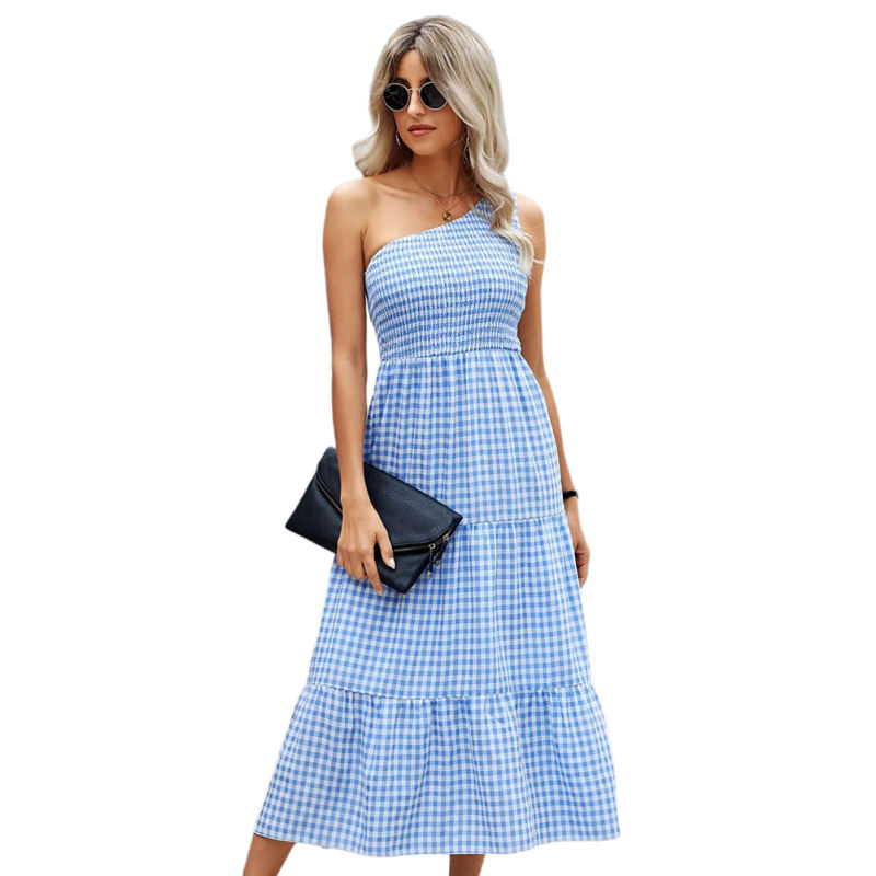 Light Blue Plaid Print Asymmetric Tiered Midi Dress