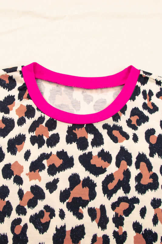 White Contrast Trim Leopard Print T Shirt